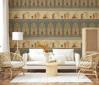 Ornate Mughal pattern wall mural in bedroom, soft beige and rust, headboard feature wall