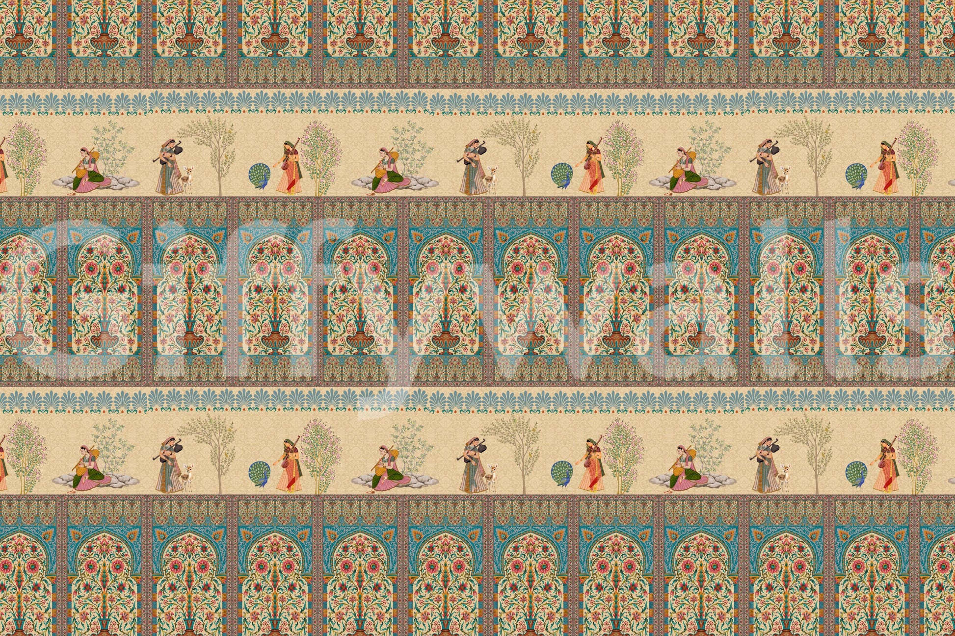 Mughal Melodies Wall Mural in lounge, ornate detailing, warm tones, focal wall
