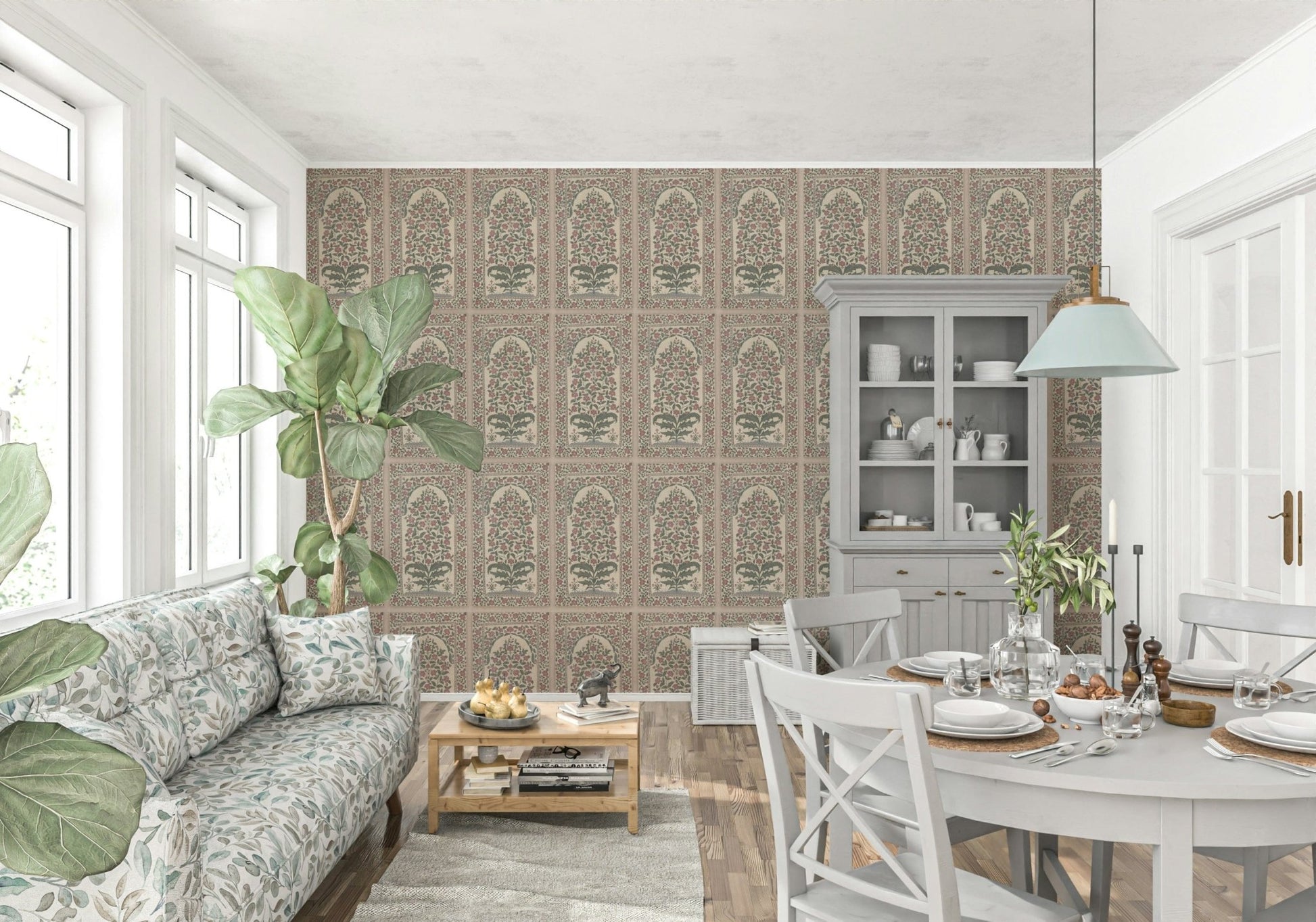 Large scale floral wall mural behind a beige sofa