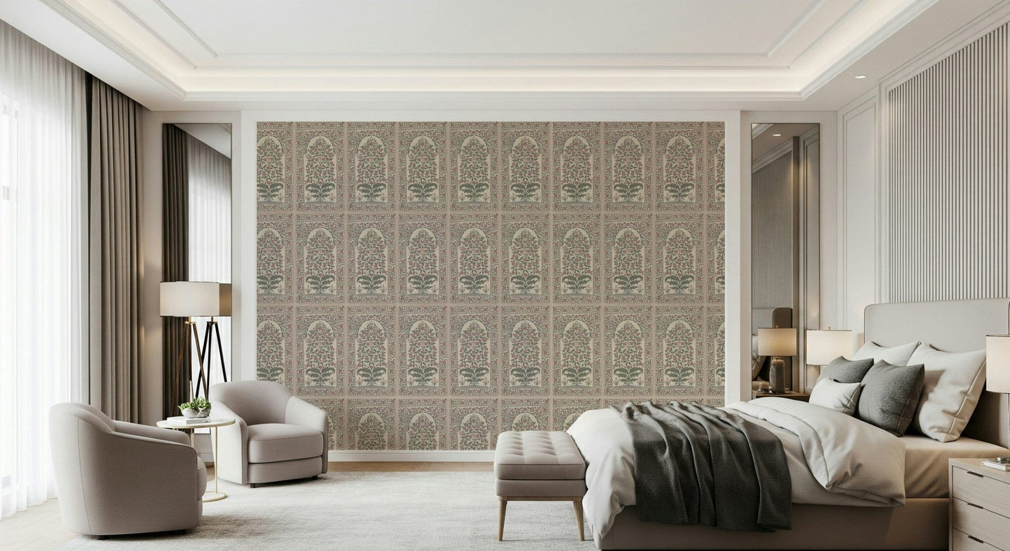 Mughal Bloom Arches Wall Mural with modern furniture