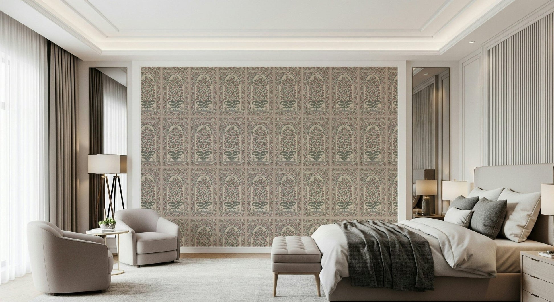 Mughal Bloom Arches Wall Mural with modern furniture