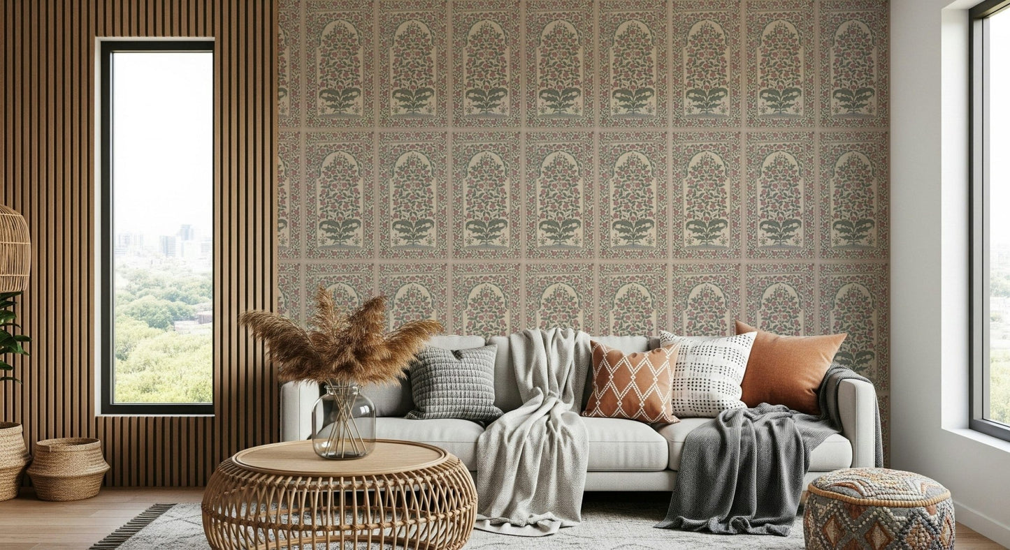 Traditional archway wallpaper in a bright apartment hallway