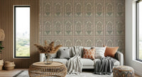 Traditional archway wallpaper in a bright apartment hallway