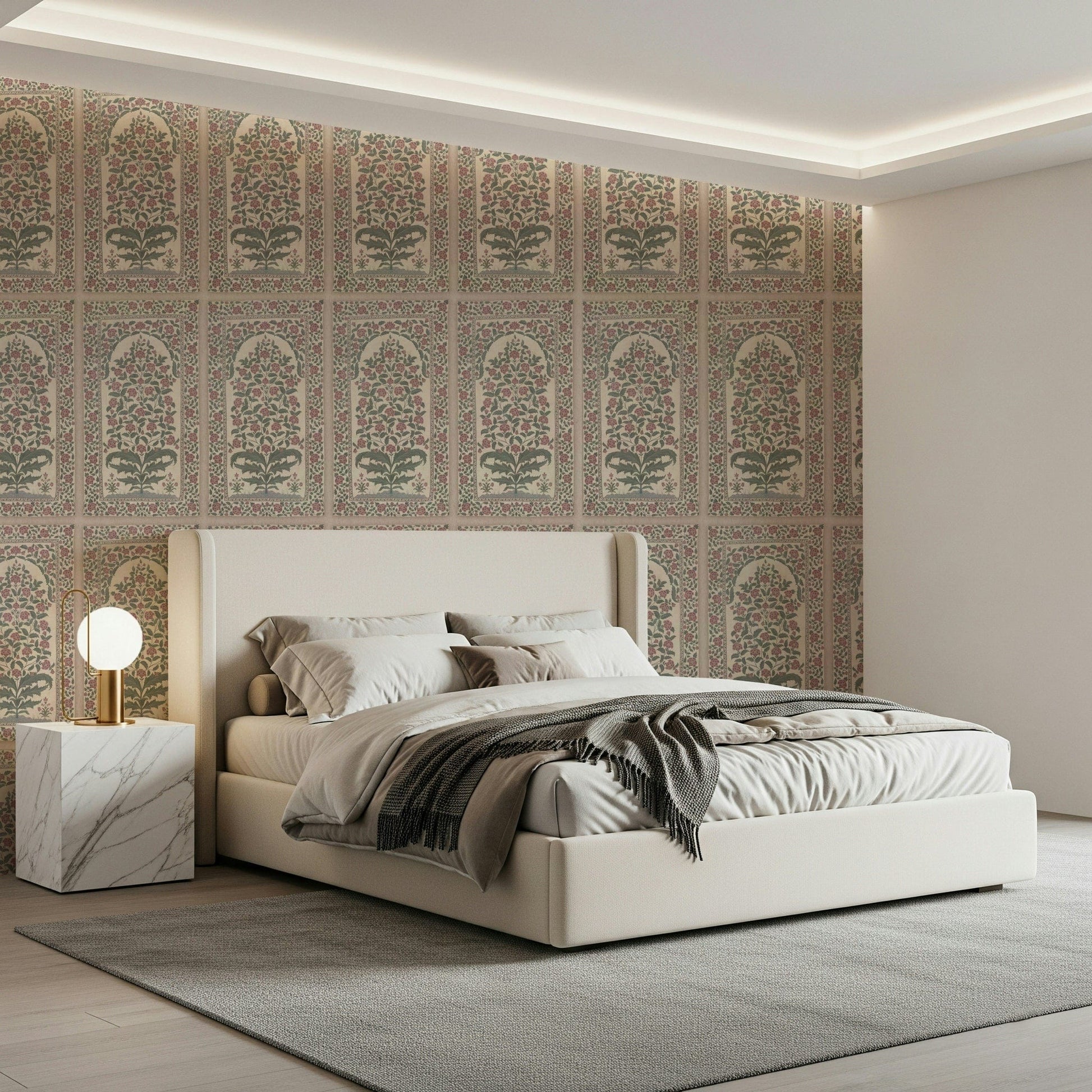 Beige and pink floral arch wallpaper for master bedroom