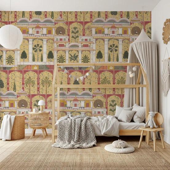 Grandeur Heritage court wall mural set behind a refined bedroom 