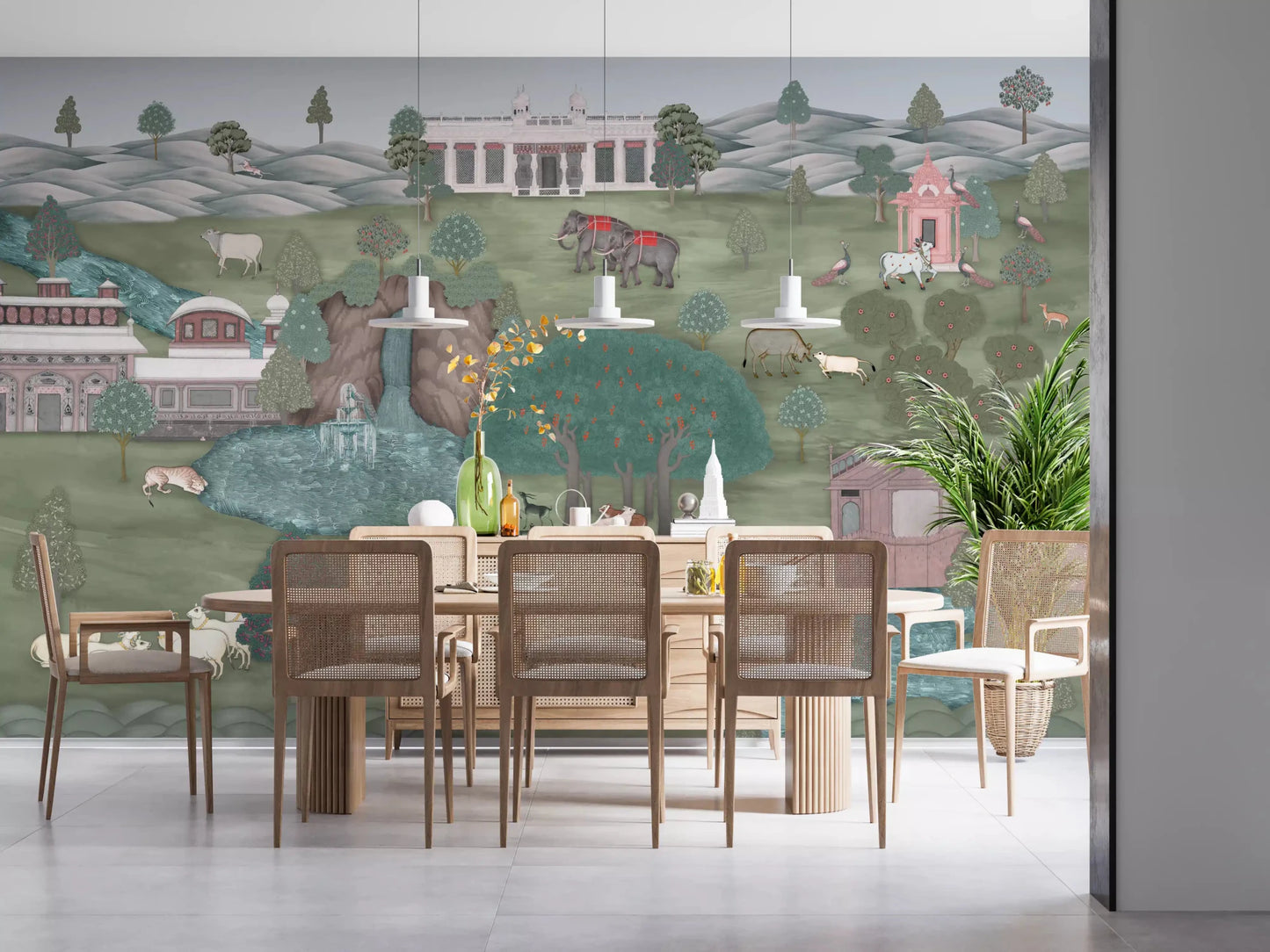 Wildlife vista wall mural with Garden waterfall and flowering trees