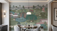 Heritage landscape wall mural with animals, water, and gardens