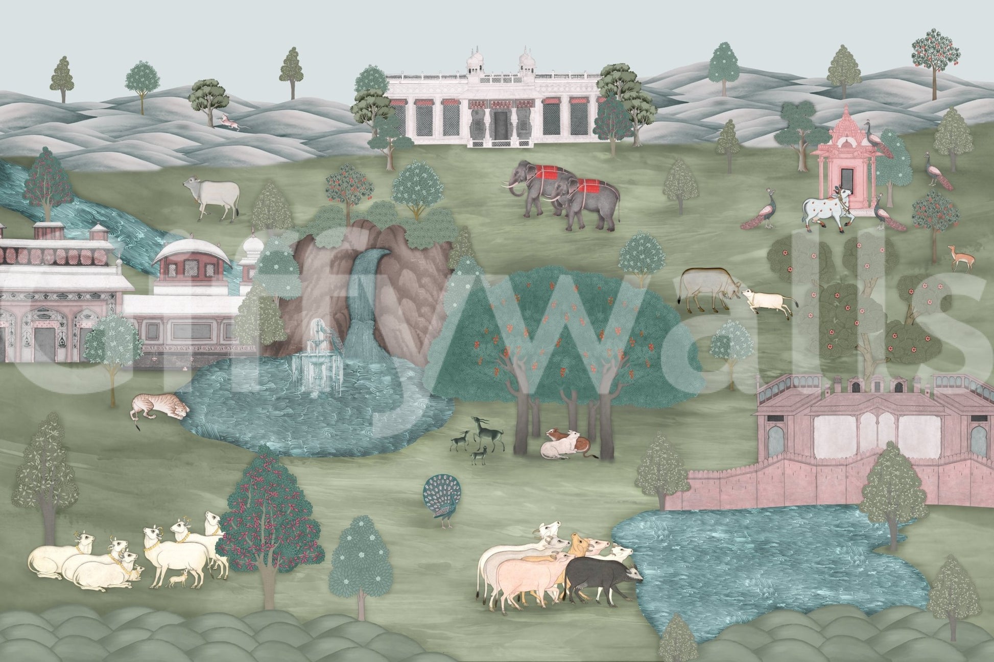 Cultural garden landscape wall mural in soft pastel tones