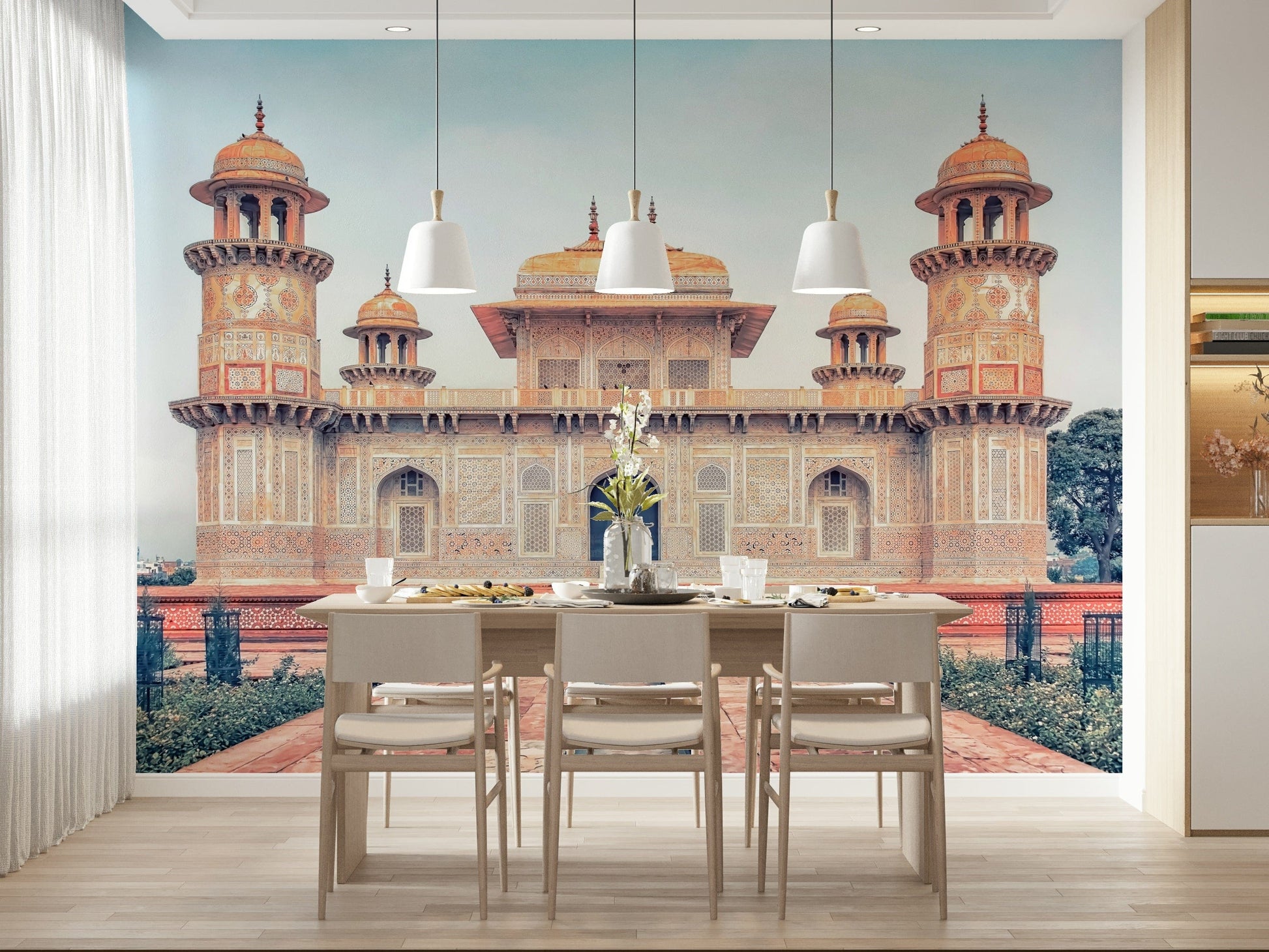 Symmetrical palace towers inside a Mughal Majesty wall mural.