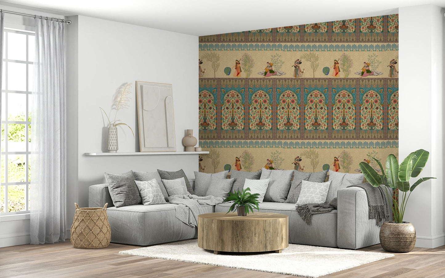 Mughal Melodies Wall Mural in entryway, intricate florals, neutral palette, accent wall