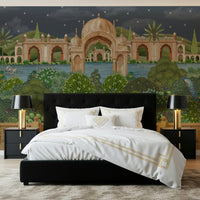 Hand-illustrated Mughal arches wall mural with muted midnight colors