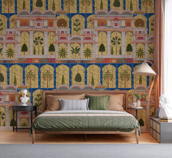 A serene bedroom features the royal Indian garden wall mural.