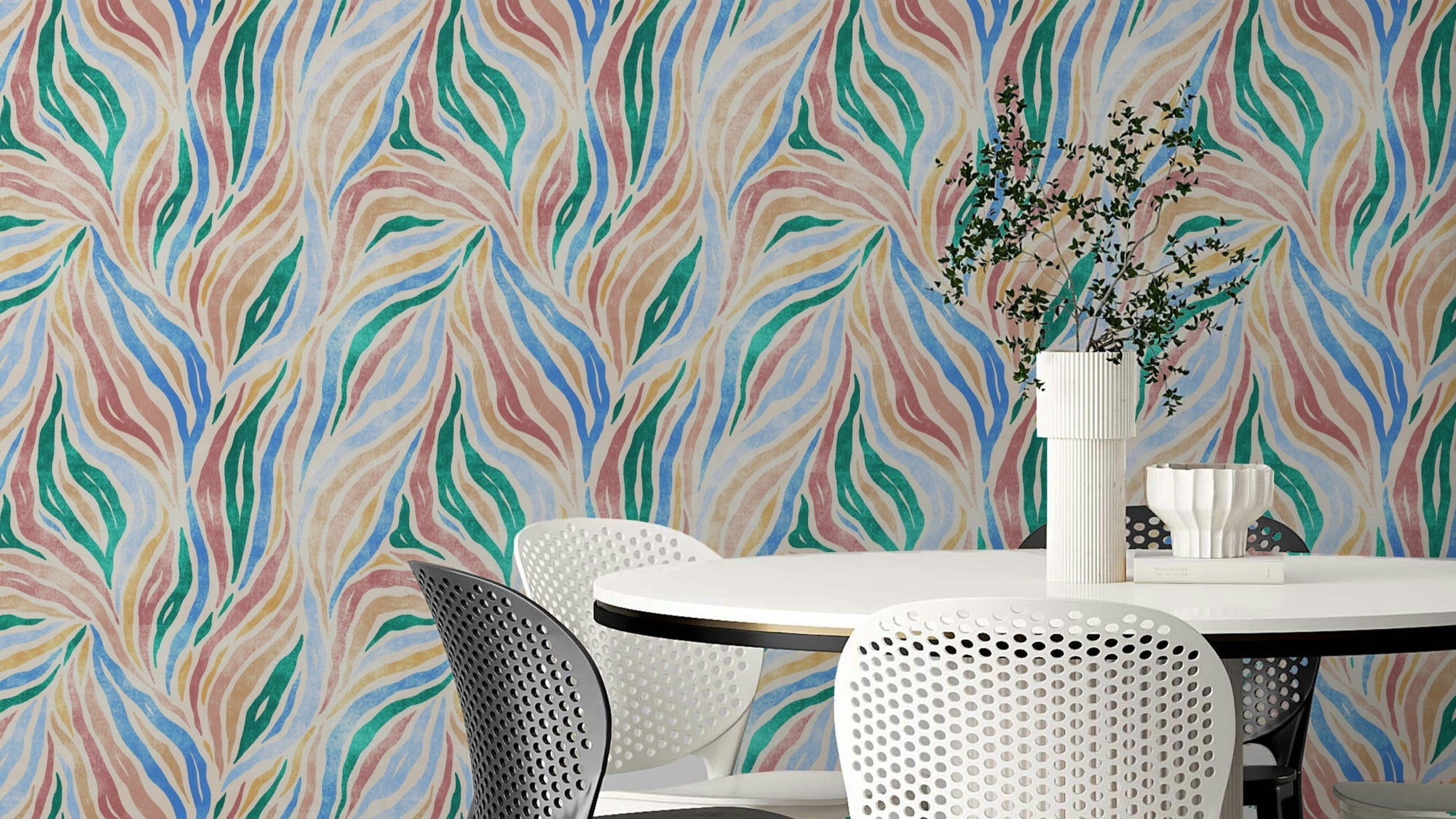 Multicolor Textured Boho Zebra Print wallpaper in a dining room with a round white table and perforated chairs