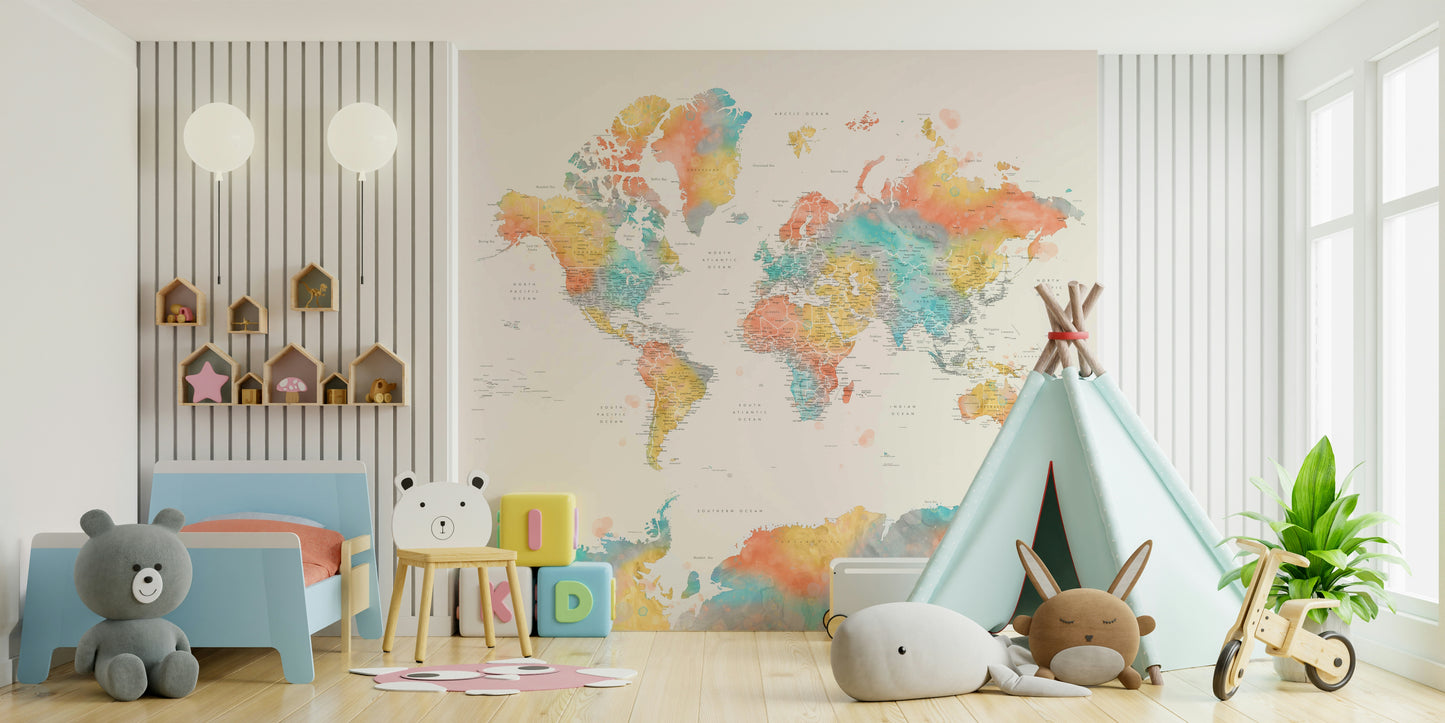 Peel and stick multicolor map wallpaper for classrooms

