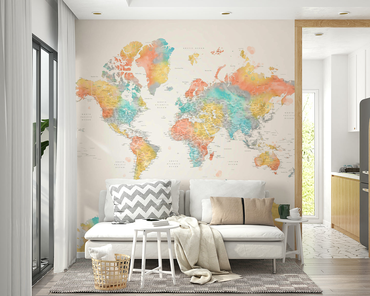 Educational world map wall décor with watercolor design

