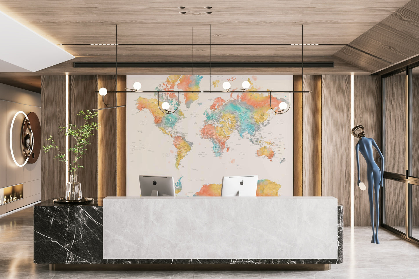 Vibrant world map mural in rainbow watercolor tones

