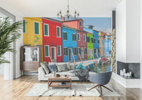 Venetian wallpaper, moored small boats, sunny day, captivating scene, Multicolored Burano.