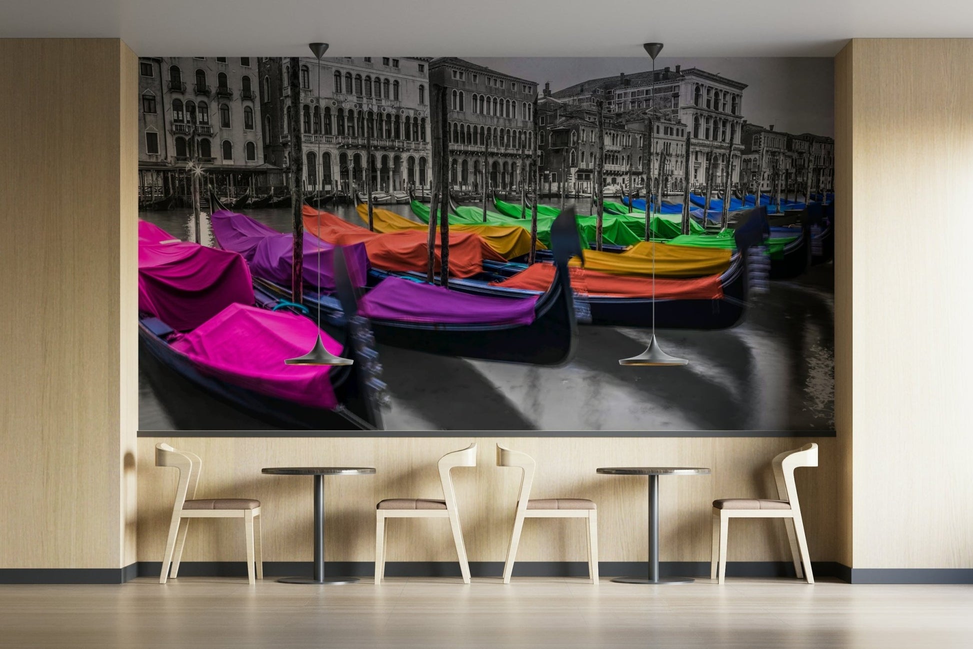 Colorful gondolas in Venice captured in modern mural design

