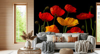 Modern poppies wallpaper displaying large red and gold blossoms with vivid green stems.
