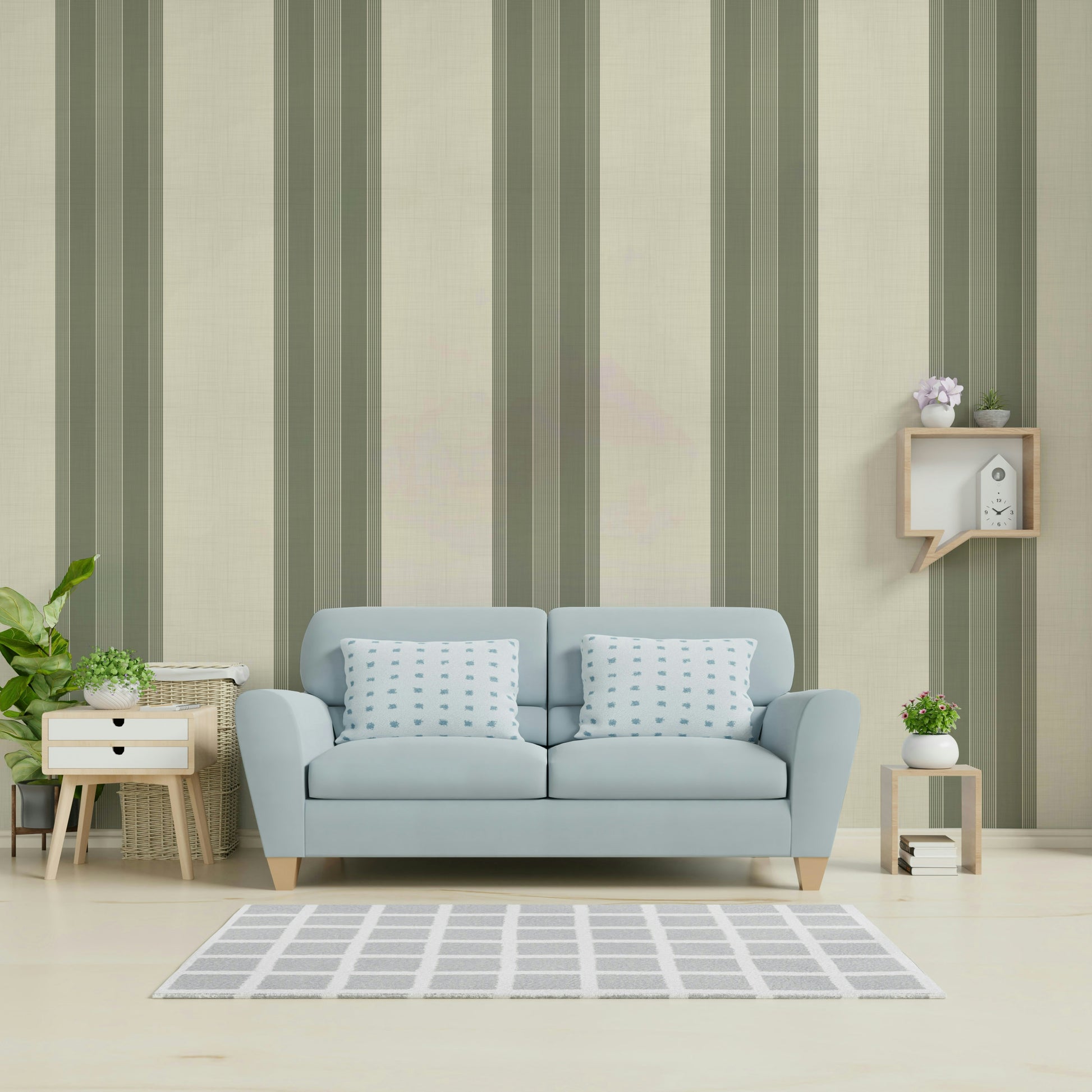 Vertical striped wallpaper in deep olive hue

