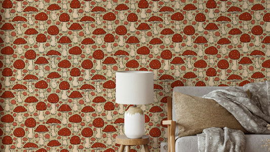 Mushroomcore wallpaper with red and beige tones

