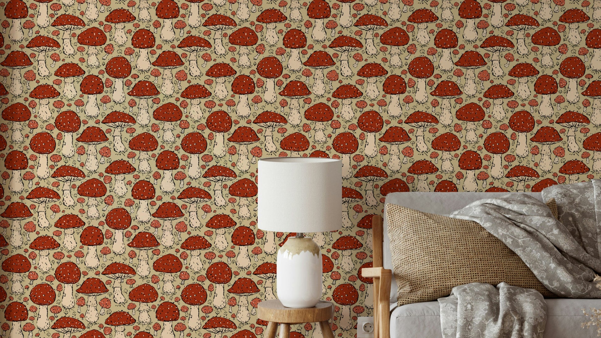 Mushroomcore wallpaper with red and beige tones

