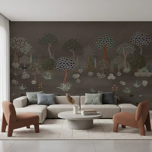 Muted Forest Tapestry wall mural in living room with woodland trees