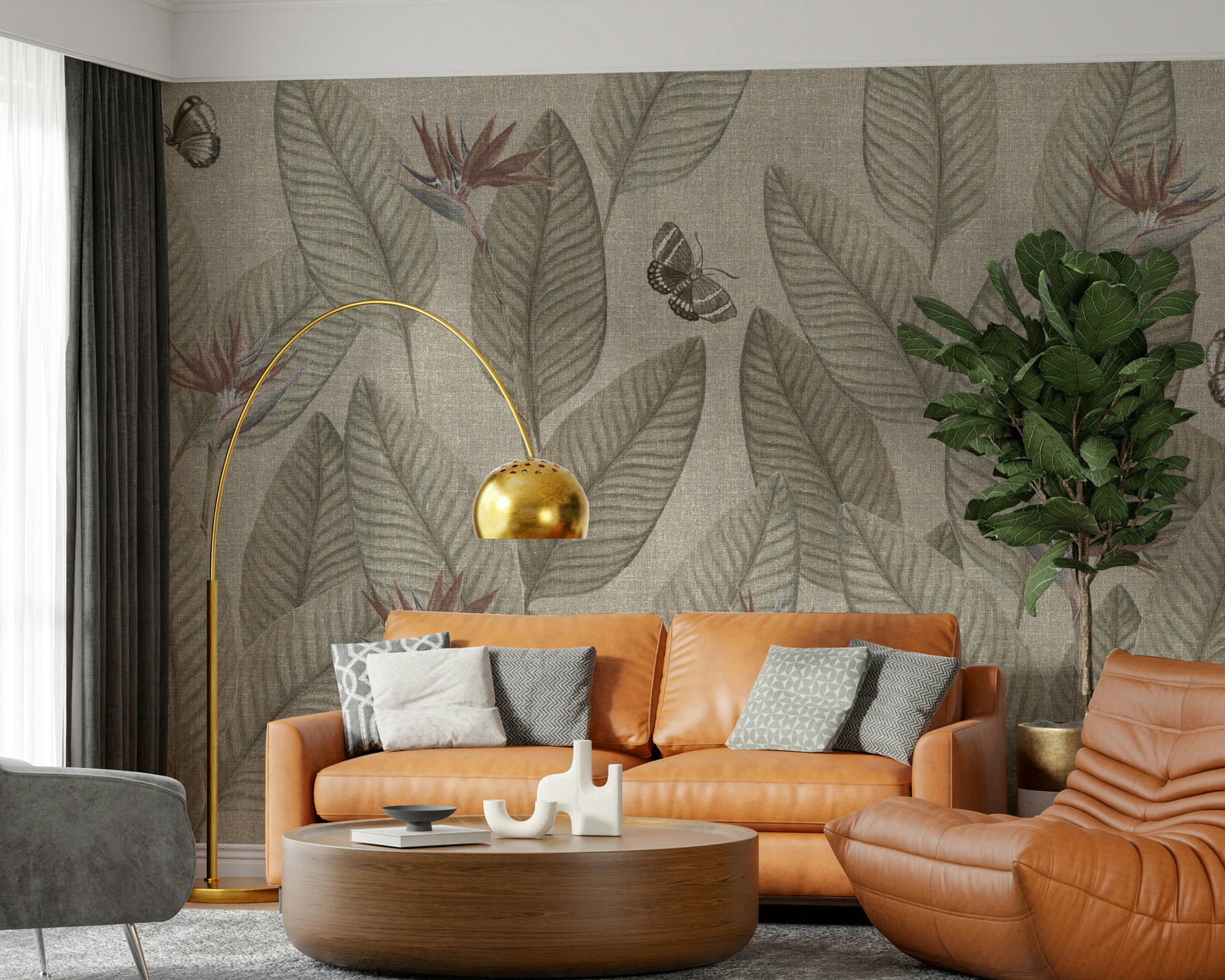Sophisticated botanical wall décor: Detailed jungle vine-like leaves and three flying butterflies.