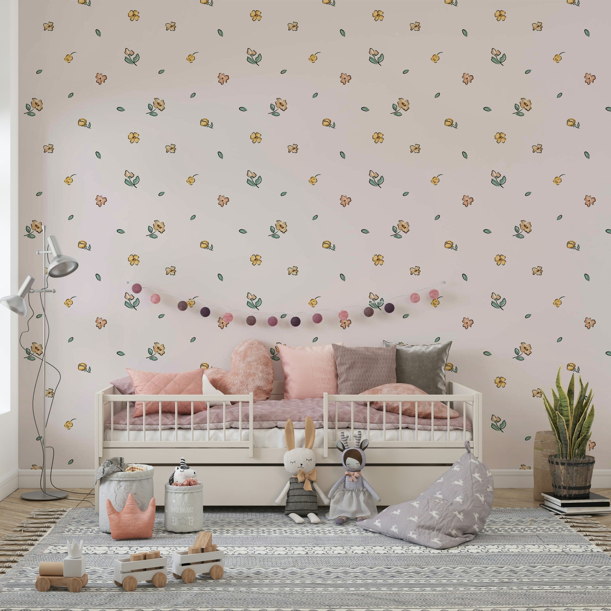Hand-drawn floral wallpaper in muted color palette

