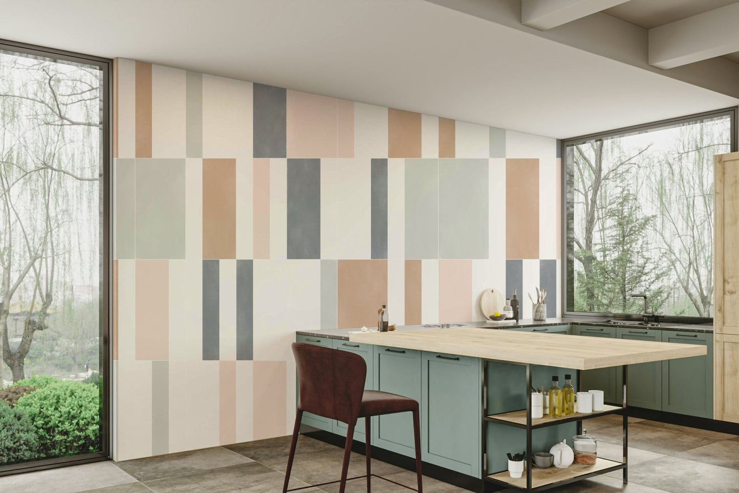 Muted pastel tiles mural adding gentle texture to rooms

