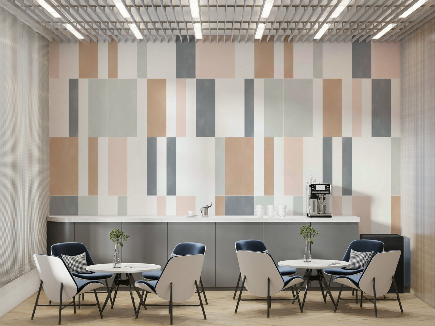 Artistic pastel tile mural with modern muted colors

