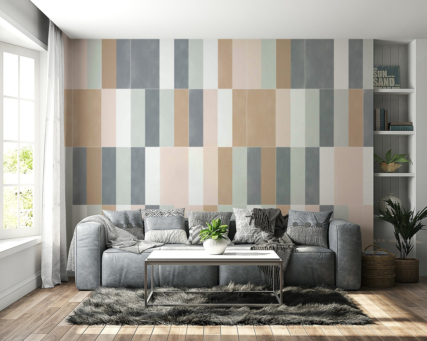 Neutral pastel mural with a mosaic tile pattern

