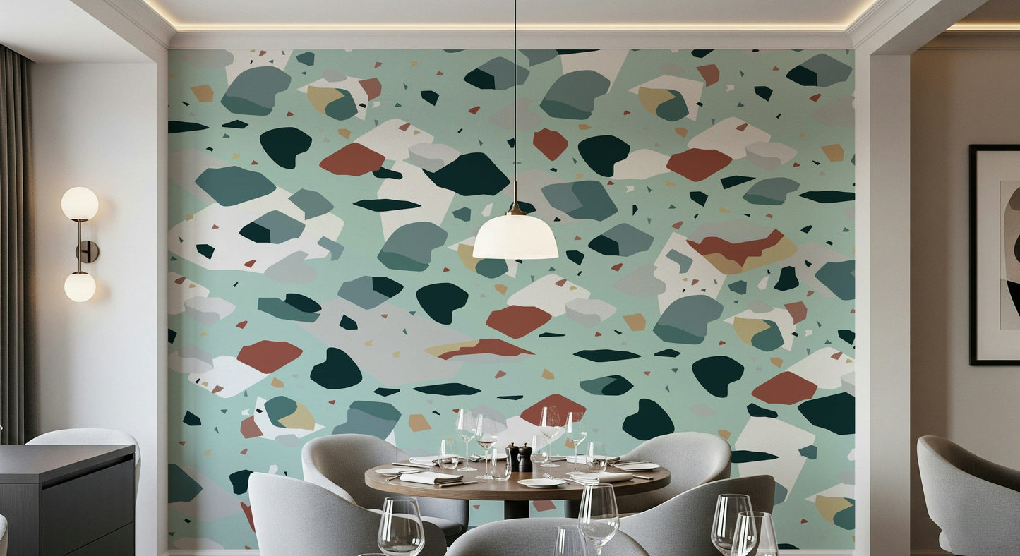 A calming abstract design wallpaper mural that defines a space.