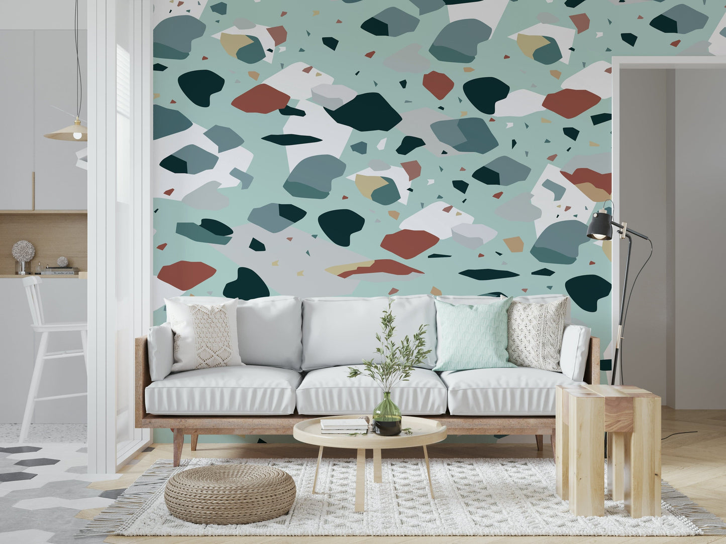A beautiful abstract stone wallpaper mural with a muted collage design.