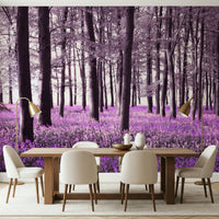 Enchanting Mysteries of Bluebell Forest wallpaper for walls. Dark tree trunks.