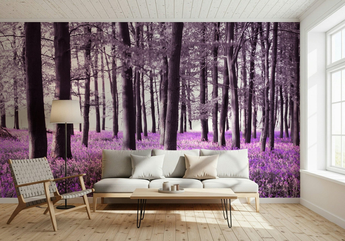 Captivating wall mural: Mysteries of Bluebell Forest. Rich lavender scene.