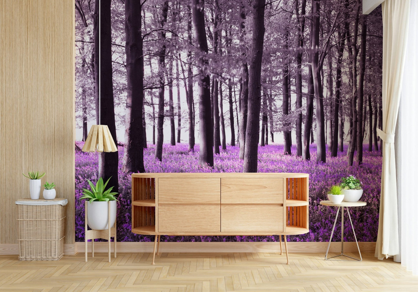 Stunning wall art, Mysteries of Bluebell Forest. Deep violet bloom field.