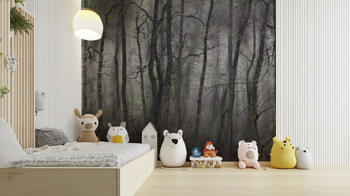 Mysterious Forest Landscape | Gray Trees in Atmospheric Stillness | Nature Photography Wall Mural