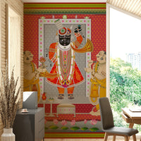 A peaceful wall mural with a scene of a Hindu deity.


