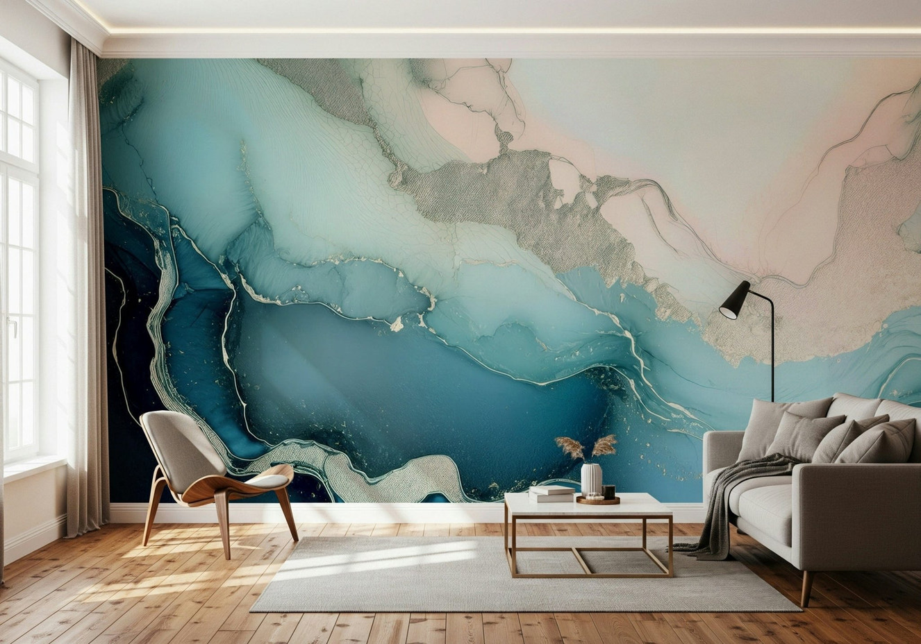 Mystic Mineral Layers Turquoise mural evoking the beauty of gemstones and fluid marble patterns.