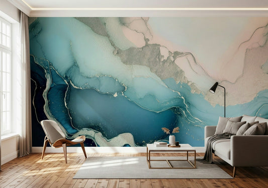 Mystic Mineral Layers Turquoise mural evoking the beauty of gemstones and fluid marble patterns.