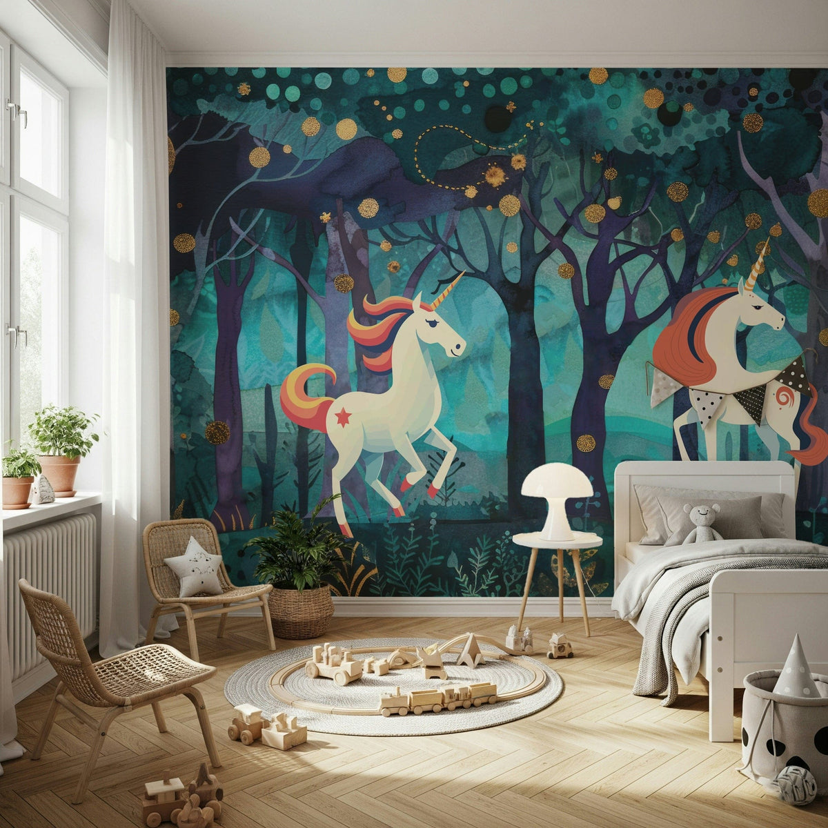 Mystic Unicorns Wall Mural in a cozy flat’s children’s bedroom.