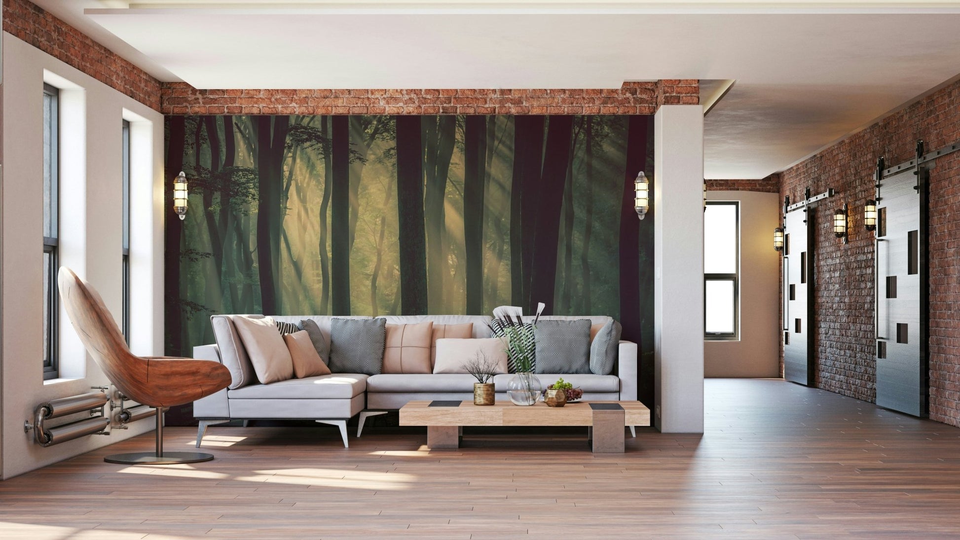 A wall mural of a peaceful woodland scene.

