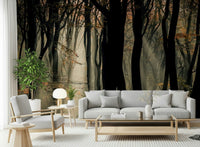 Shadowy forest art, ethereal light shafts, captivating Mystic Woods theme.