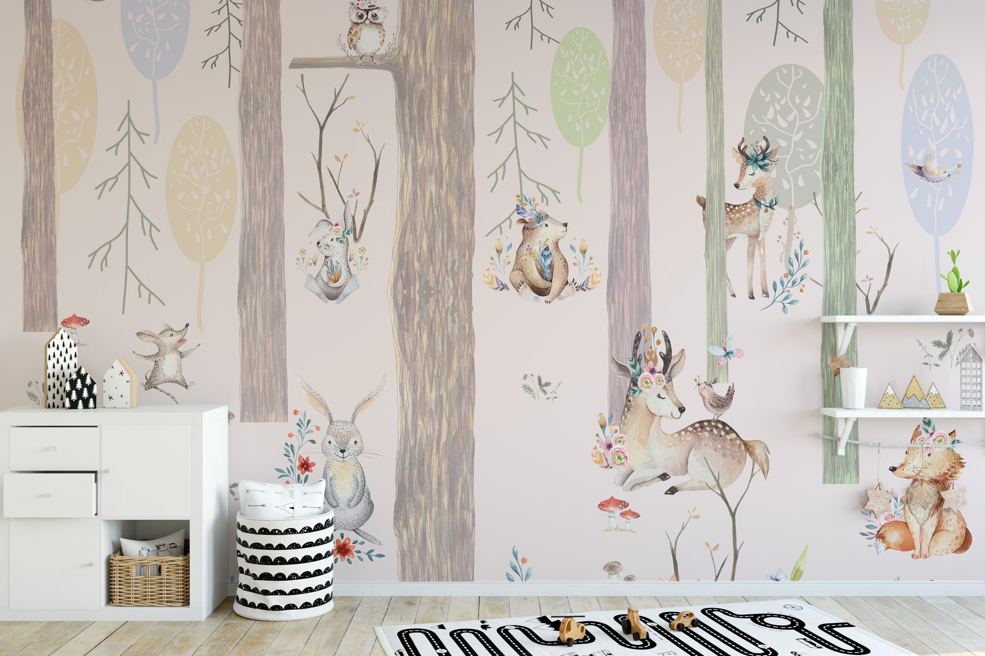 Mystical Forest wallpaper mural shown as a full feature wall that highlights the design