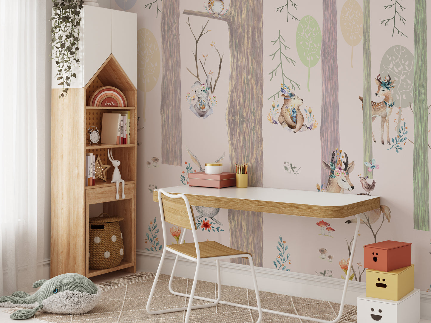 Powder Pink Forest Wallpaper Mural with Whimsical Design