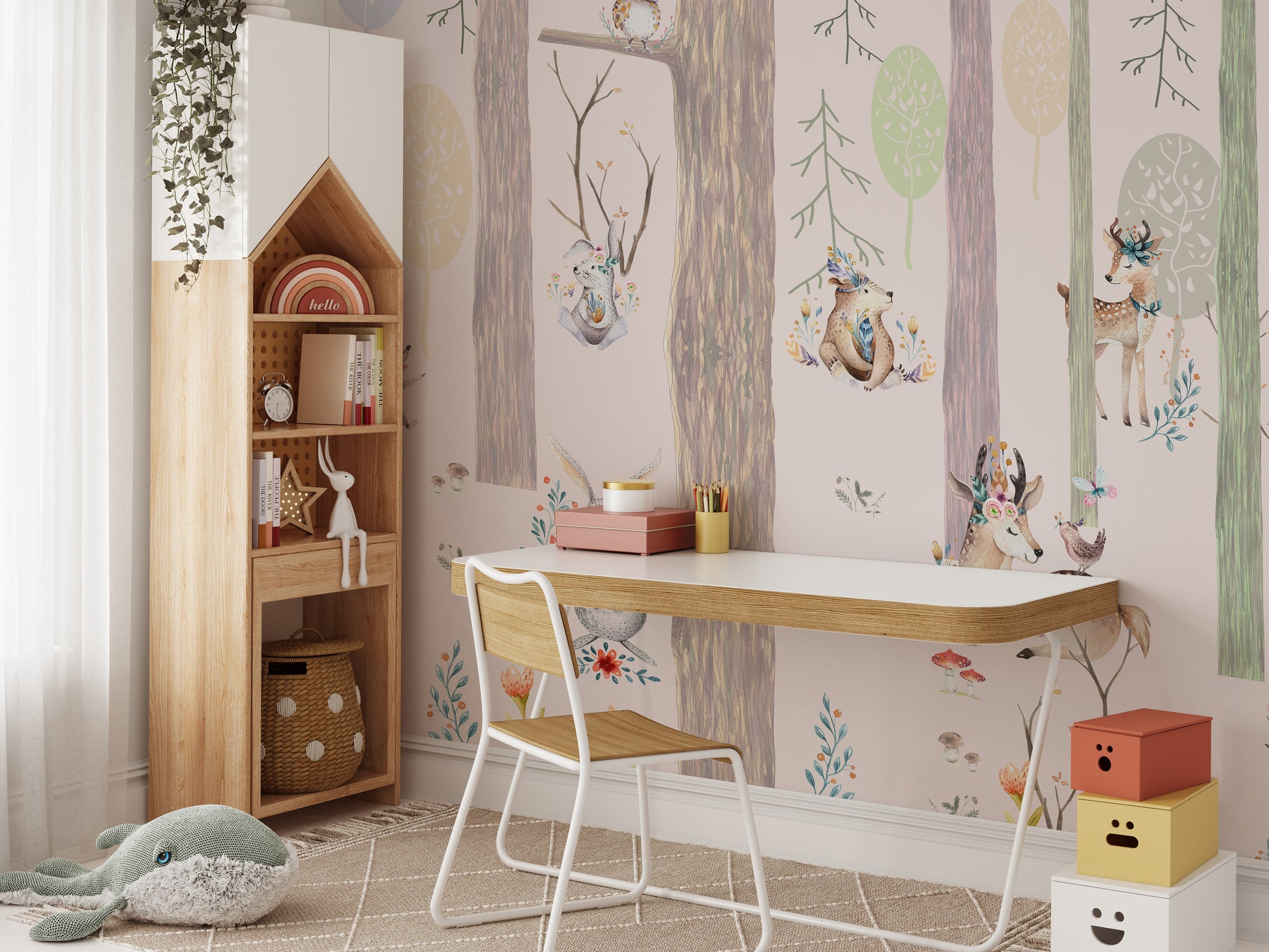 Powder Pink Forest Wallpaper Mural with Whimsical Design