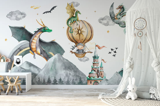 Mystical Mountain Dragon wallpaper with green dragons, a hot-air balloon and castle over grey peaks in a kids room