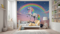 Mythical Heights mural in dining area, mountain landscape feature wall in muted tones