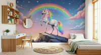 Dark sky mountain mural behind TV unit, tidy lounge feature wall